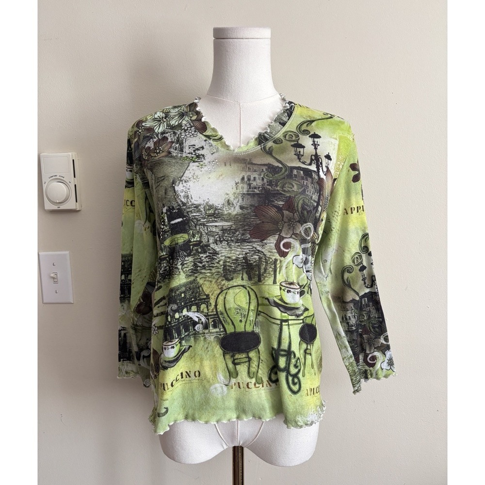 Vintage Y2K Global Vilage Coffeehouse Made in USA  Top Womens Large Green Cute